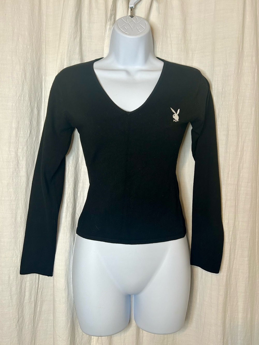 PLAYBOY Black V-Neck Long Sleeve Top with White Bunny Patch